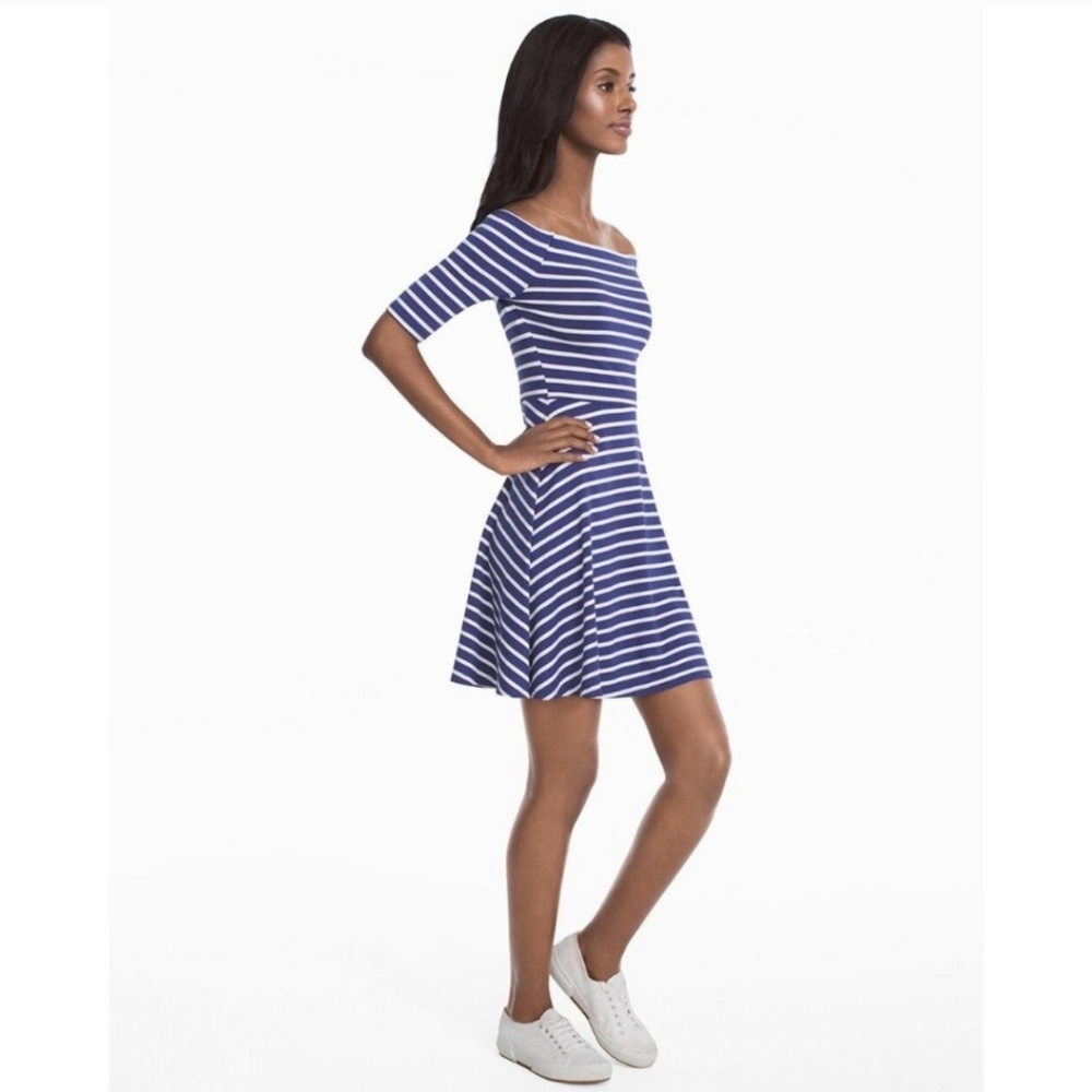 White House Black Market Off The Shoulder Striped Dress Blue White size Medium - Picture 4 of 16